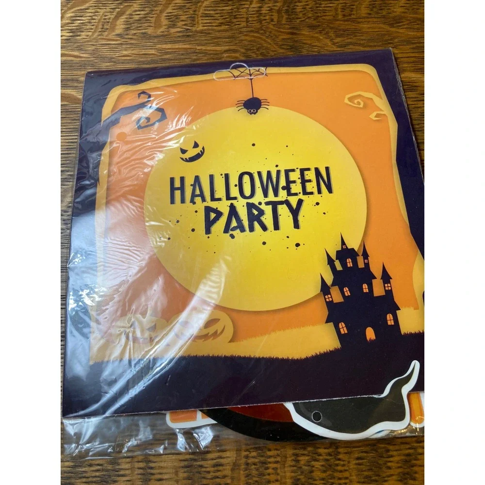 Halloween Decor Bundle Fuzzy Black Spider Red Eyes & Foil Bat Paper Fan Accents
